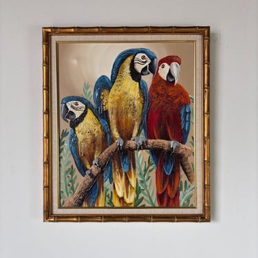 Vintage Frank Walcutt Tropical Parrots on Branch Acrylic on Canvas Painting, Framed 