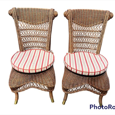Lovely pair of vintage wicker chairs with wooden and cane seats - custom cushions 