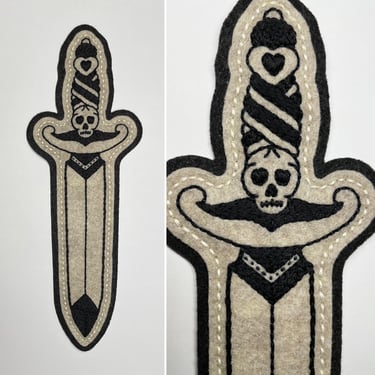 Handmade / hand embroidered black &amp; beige felt patch - black dagger with skull detail - vintage style - traditional tattoo flash 