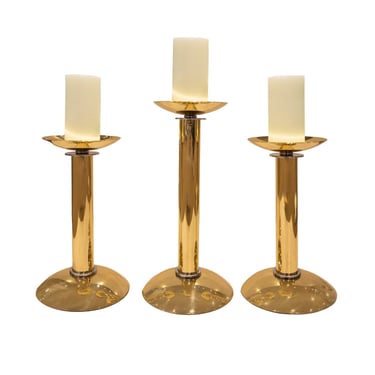 Karl Springer Set Of 3 Iconic Brass and Chrome Candle Holders 1984