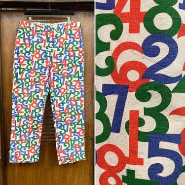 Vintage 1960’s w36 Atomic Mod Numbers Print Pop Art Cotton Flat-Front Trousers Pants, Original, 60’s Vintage Clothing 