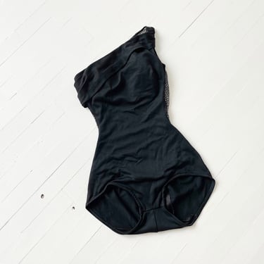 Vintage Black Scandal Suit with Mesh Back and Asymmetric Neckline 