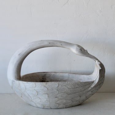 Large Hand Carved Wood Swan Basket White Finish Vintage Mid-Century 