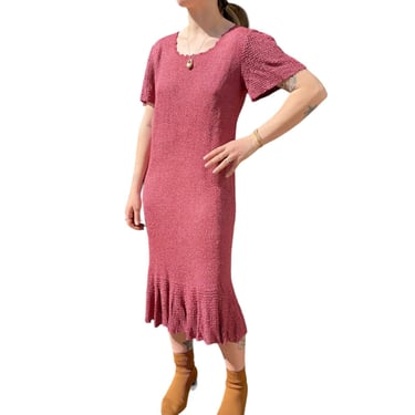 Vintage 80s Womens Salmon Dusty Pink Lace Knit Hippie Boho Maxi Dress Sz M 