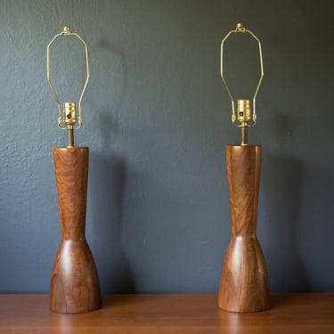 Sculptural Pair of Mid Century Modern Solid Staved Walnut Lamps 