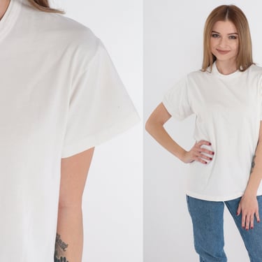 Plain White T-Shirt 80s Tee Basic Solid Crew Neck T Shirt Single Stitch Tshirt Blank Crewneck Minimalist Top Vintage 1980s Cotton Small S 