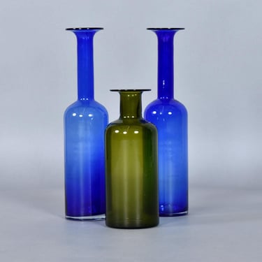 Group Otto Brauer for Holmgaard Green and Blue Danish Glass Gulvvases 