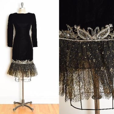 vintage 80s dress Oscar de la Renta black velvet mermaid ruffle prom cocktail S clothing 