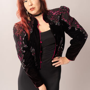 1980’s Black Velvet &amp; Lace Sequin Jacket
