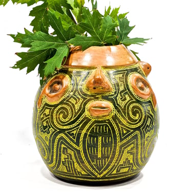 VINTAGE: 9" Authentic Brazilian Marajoara Face Pottery - Amazonian Terra Cotta Pottery - Traditional Etched Face Pottery - SKU 32-A-00030203 