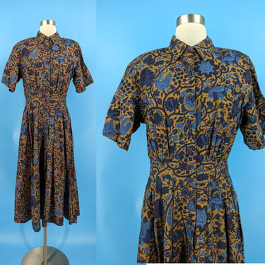 Vintage Eighties Bird Print Short Sleeve Button Front Cotton Shirt Dress - Small / Medium 80s "French Navy" Fit & Flare Collared Dress 