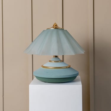 XL Vintage Murano Glass Table Lamp – Light Blue and Golden Metal Base, Memphis Style, Italy 1980s Mid Century Retro Lamp, Gift Decoration 