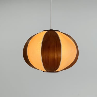 Mid-Century Modern Teak Veneer & Rice Paper Pendant Lamp | Japandi Ceiling Light 1980s 