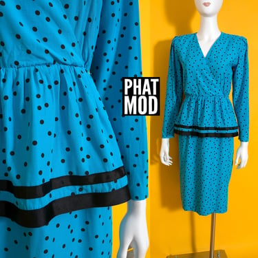 Sassy Vintage 80s 90s Turquoise Blue & Black Polka Dot Dress with Cute Peplum 