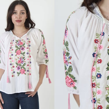 Hungarian Style Cotton Blouse, Floral Cross Stitch Switzerland Top, Ethnic Embroidered Womens Needle Point Tunic 