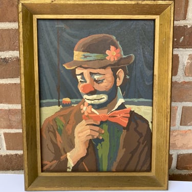 Vintage Paint By Number Clown Painting, 1969 Sad Clown Wearing Orange Bow Tie, Flower In Hat And Lapel, Craftmaster 