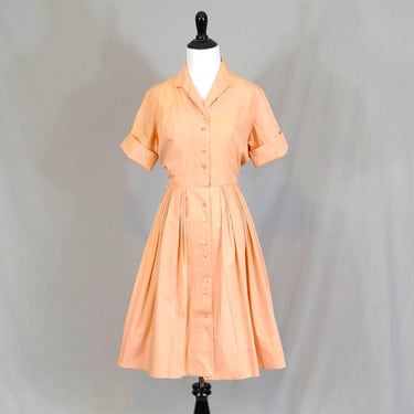 50s Light Peach Cotton Dress - As Is w/ Flaws - Pleated Full Skirt - Buttons Down Front - Vintage 1950s - S M 