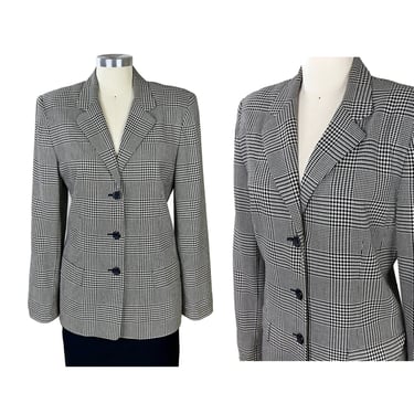 L 90s Black and White Houndstooth Blazer Large, Plaid Suit Jacket with Shoulder Pads, 1990s Clothes Women, Vintage Clothing TALBOTS Size 12 