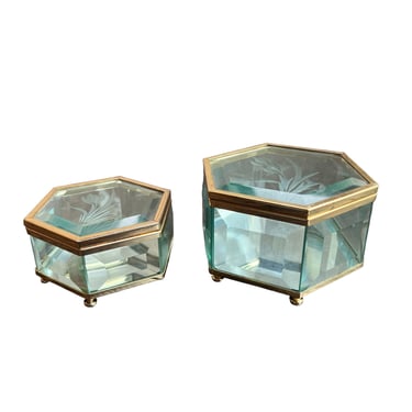 Hexagon Blue Tinted Etched Glass Jewelry Box (Each Sold Separately) 