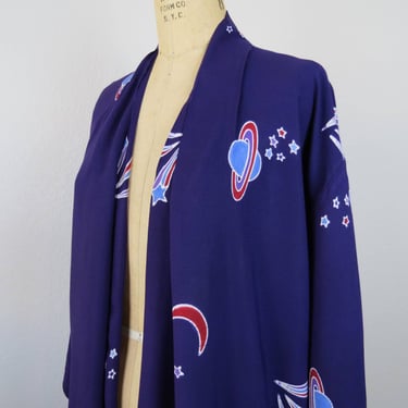 Vintage 1980s, 1990s kimono duster, jacket, moon, stars, planet, celestial 