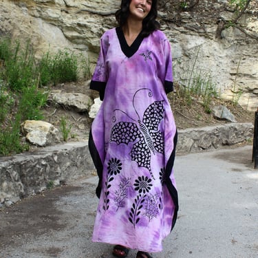 Vintage 1970s Ramona Rull Butterfly Caftan, Maxi Dress, lavender black silver cotton, One Size 