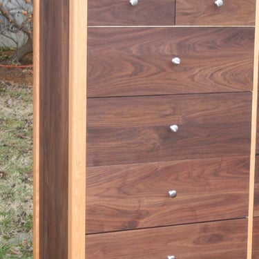 Ship Soon 2650 X12520A Maple and Walnut Dresser, 7 Inset Drawers one column,  Flat Panels, 22" wide, 20" deep, 55" tall Photos upon request 