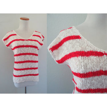 Vintage 80s Red & White Striped Short Sleeved Sweater Blouse Top Chunky Knit - Size Small 