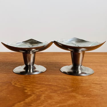 Danish Modern stainless candleholders with glass inserts / mid-century triangular taper holders made in Denmark 