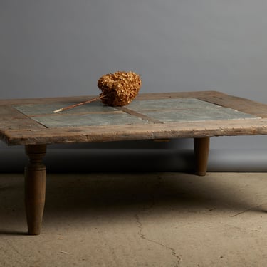 Large Teak Coffee Table with Four 17th Century Belgian Bluestone Panels &amp; Turned Legs