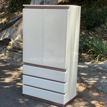 1980s Post Modern White Lacquered Tall Dresser Armoire by Rougier 