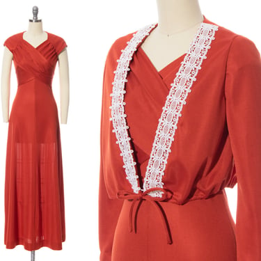 Vintage 1970s Dress Set | 70s Burnt Orange Rust Polyester Jersey Maxi Dress Matching Bolero Two Piece Outfit (x-small) 