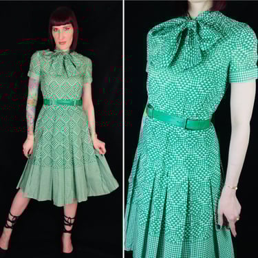 Vintage 1960's SHANNON RODGERS Green & White Geometric Checkered Fit N Flare Dress - size Small XS 