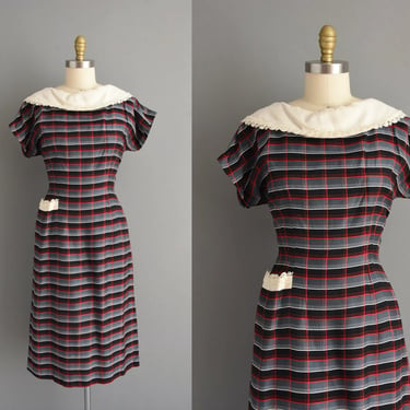 1950s vintage dress | Carol Cook Red & Black Plaid Print Polished Cotton Wiggle Dress | Medium | 50s dress 