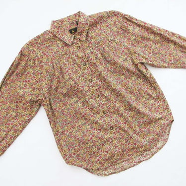 Vintage 80s Calico Floral Button Up S M - Prairie Earth Tone Long Sleeve Collared Blouse - Liz Claiborne 