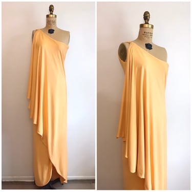 Vintage 1970s Halston Goddess Gown Grecian Dress 70s One Shoulder Toga Maxi Designer Gown 