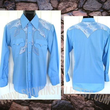 Rawhide Vintage Western Men's Cowboy & Rodeo Shirt, Medium Blue with Pastel Print Yokes, 16-33, Approx. Medium (see measurements) 