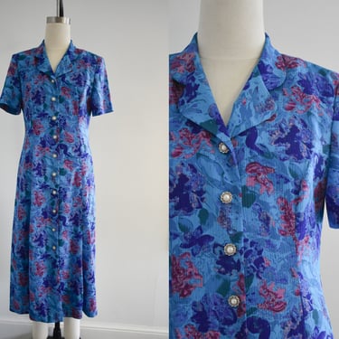 1990s Blue Floral Crinkle Shirt Dress 