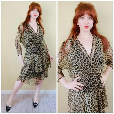 1980s Vintage Phoebe Leopard Print chiffon Dress / 80s Dolman Sleeve Ruffled Skirt Dress / Medium 