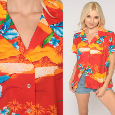 Tropical Floral Shirt Red Hawaiian Blouse Palm Tree Button Up Shirt 80s Vintage Surfer Vacation Short Sleeve Top 1980s Island Large L 