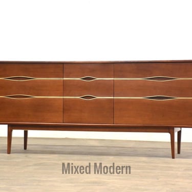 77.5” Refinished Walnut and Brass Dresser 