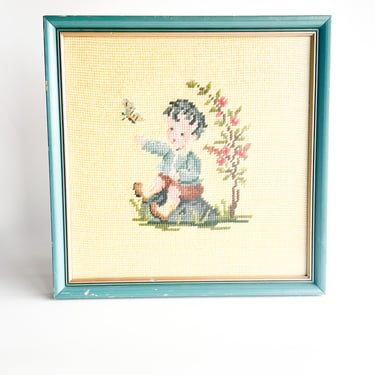 1980s Cross Stitch Butterfly and Child Scene
