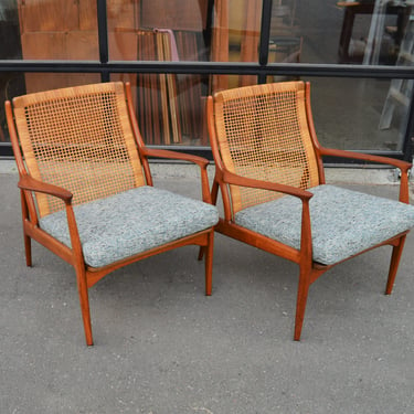 Exquisite Pair of Teak Sculptural Cane Back Lounge Chairs by Horsnaes