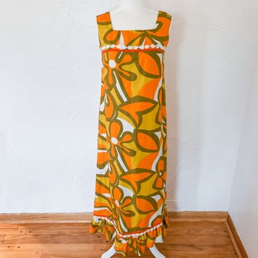 60s Cotton Floral Hawaiian Maxi Dress in Orange, Olive Green, Gold, White | Medium 