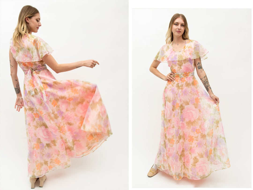 Vintage 1970s 70s Pink Floral Pastel Watercolor Maxi Full Length ...