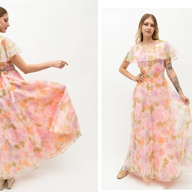 Vintage 1970s 70s Pink Floral Pastel Watercolor Maxi Full Length Gown w/ Scooped Neckline, Sheer Ruffle Cape 