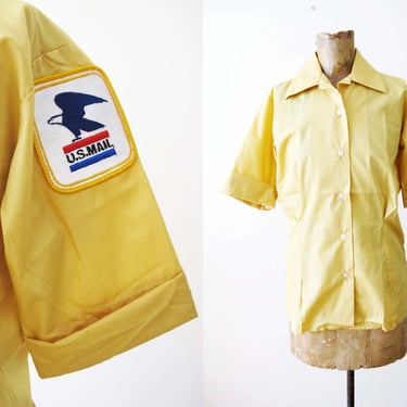 1960s Womens US Postal Service Yellow Button Up Blouse S M - Permanent Press Collared Long Sleeve  Button Up - Post Office Mail Patch 
