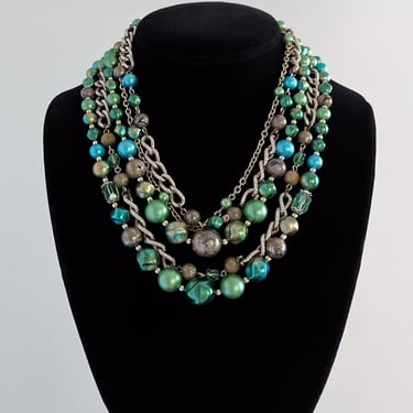 Awesome 1960's Green & Blue Multi Strand Statement Necklace / OS