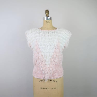 Vintage 1980s hand crochet sweater, crocheted, top, fringe, pullover, pastel, knit 