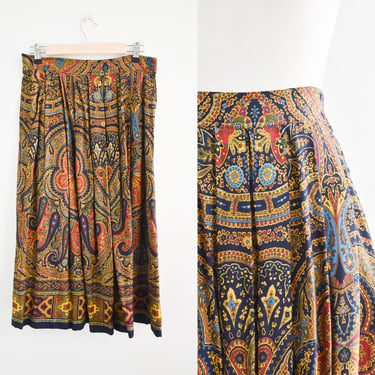 1980s Chaus Paisley Pleated Midi Skirt 