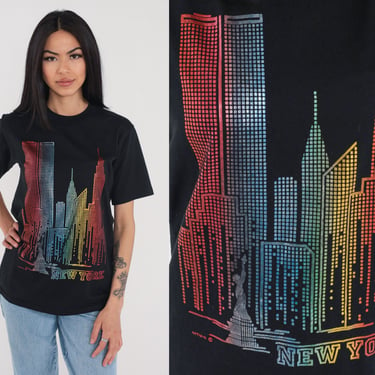 New York Shirt 90s NYC T-Shirt Colorful Shiny City Skyline Graphic Tee Tourist Travel Black Metallic Vintage 1990s Jerzees Small Medium 
